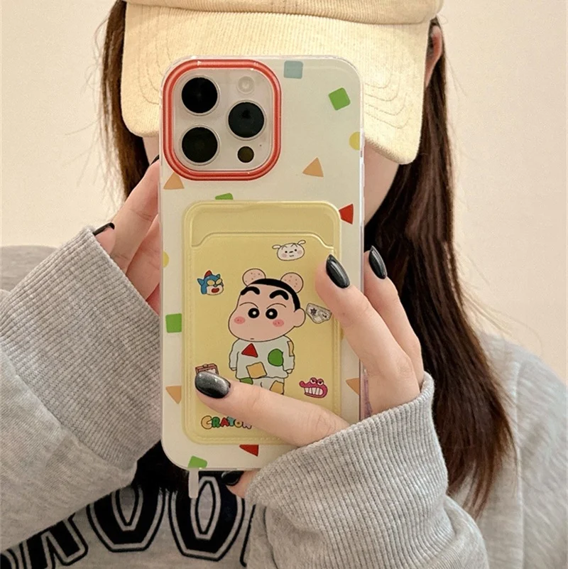 Cute color Geometry cartoon Crayon Shin -chan Wallet card bag Lanyard Phone Case For iPhone 11 12 13 14 15 16 Pro Max Plus Cover