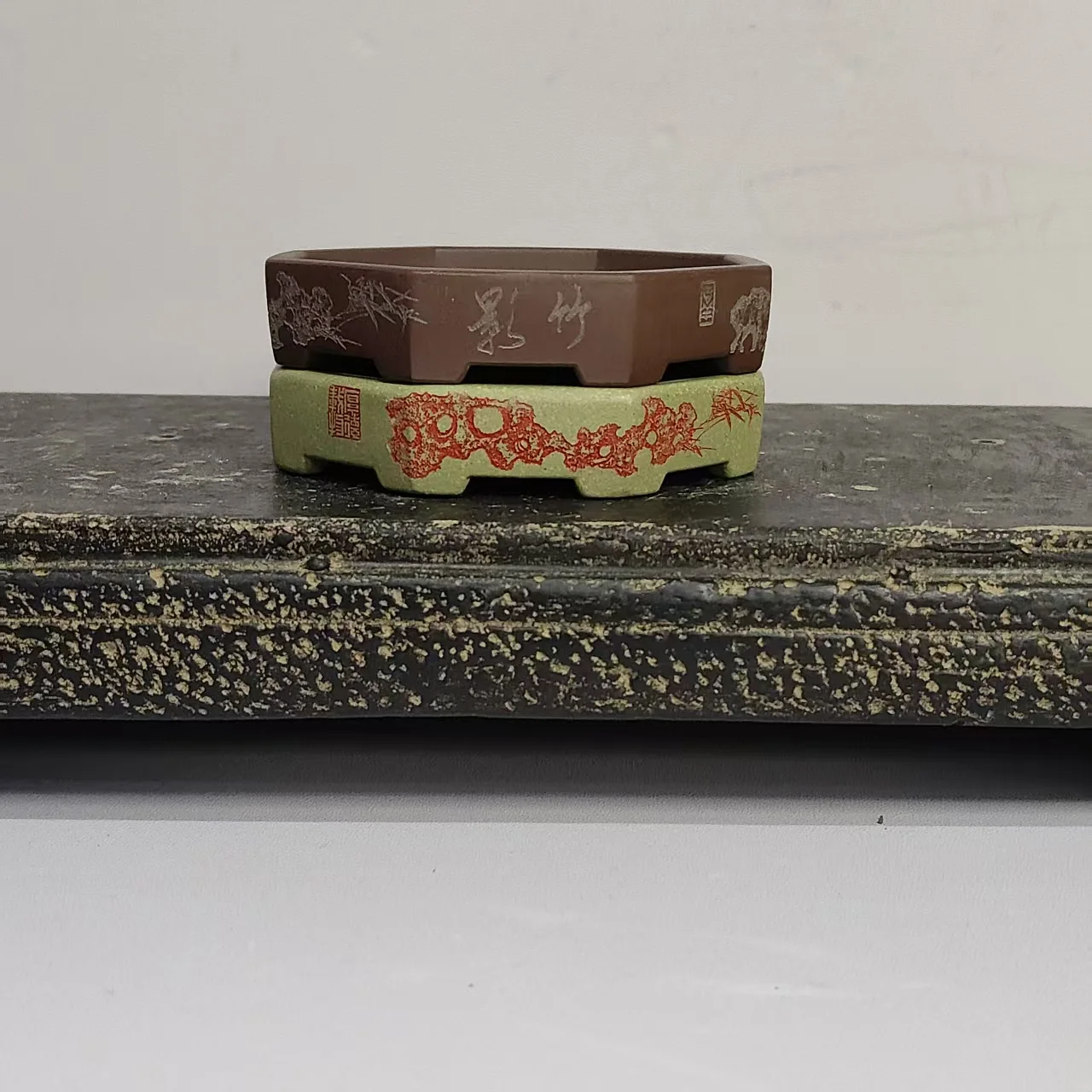 Hand Drawing Purple Clay Mini Shallow Bonsai Pot with Octagon Shape
