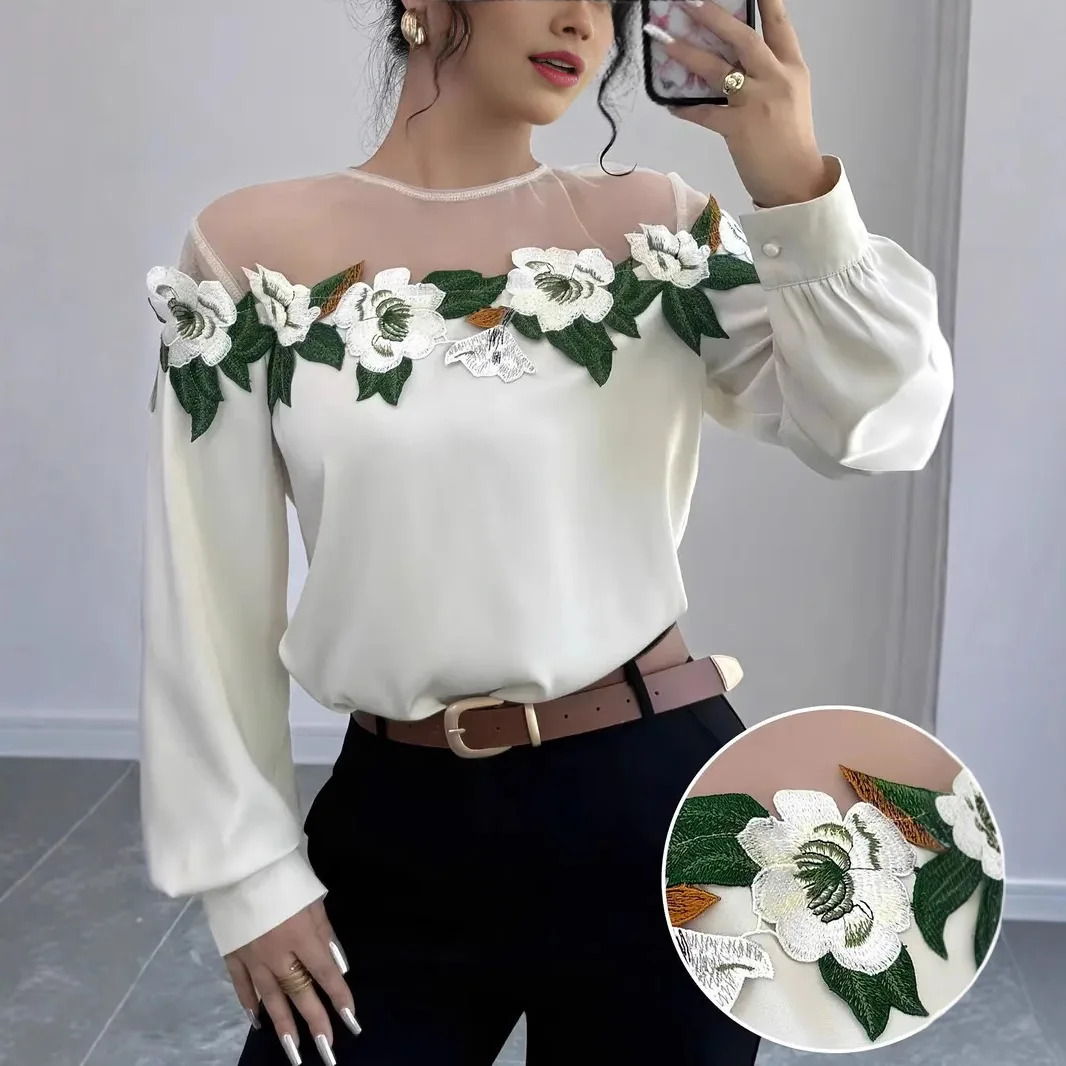 

High Quality Women Long Sleeve Off Shoulder Mesh Spliced Satin Embroidered Shirt Women Tops Shirts for Women Blusa Blouse 2025