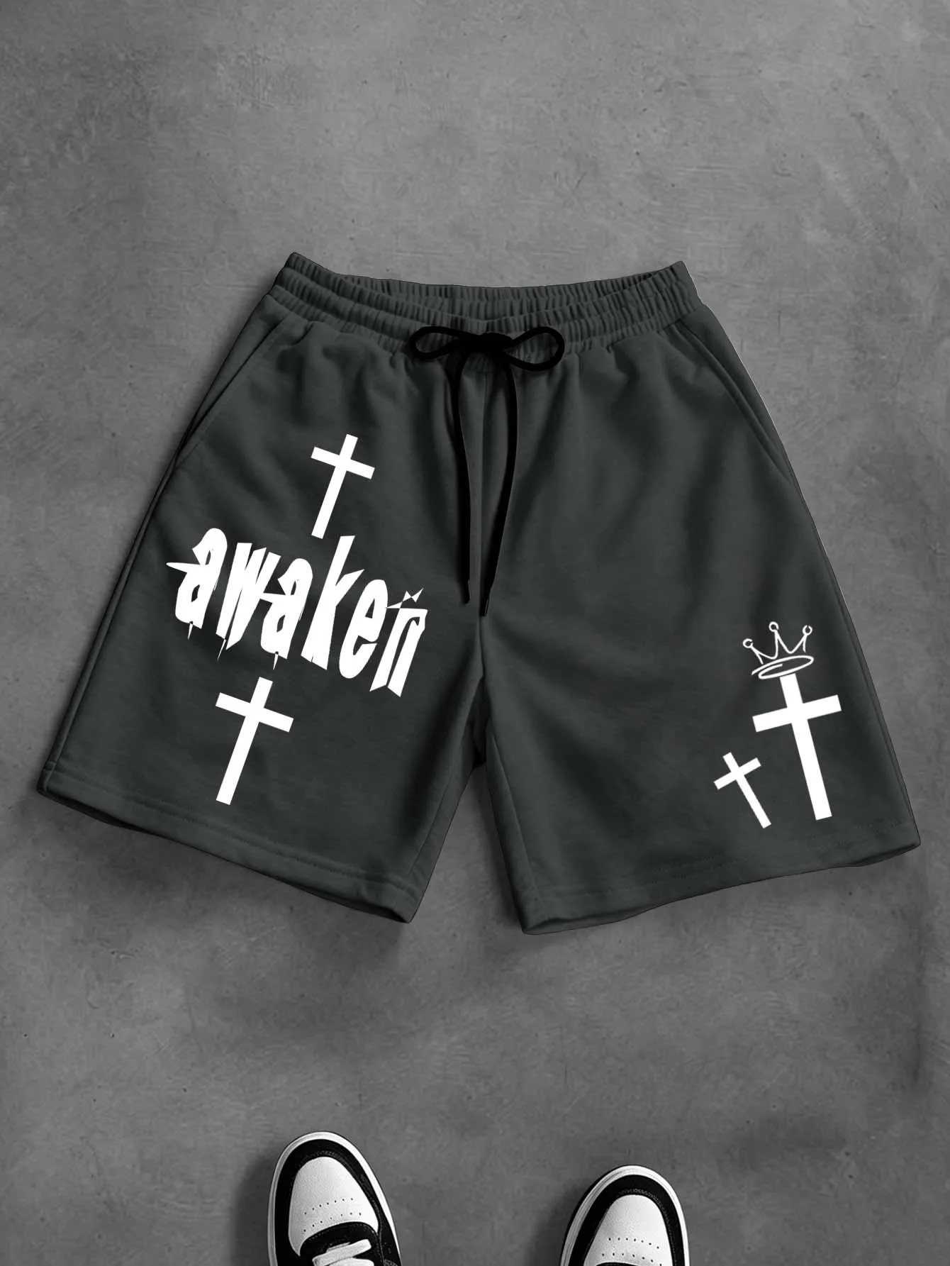 

Men's Loose Fit Christian Gothic Streetwear Shorts Brand Awaken Cross Crown Graphic Print Cotton Blend Casual Dark Gray Athletic