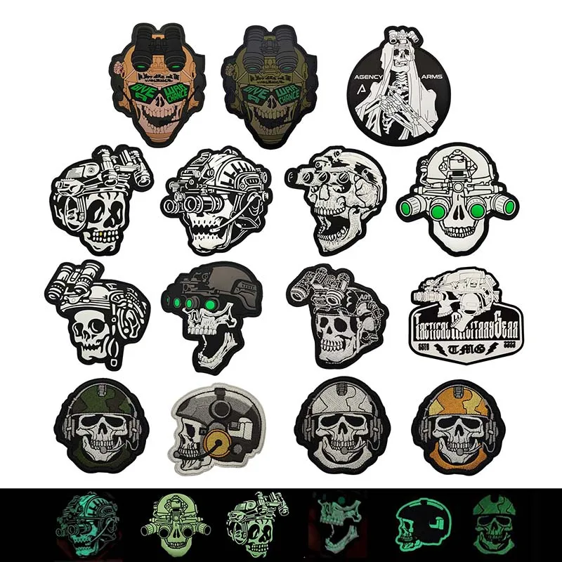 3D PVC Rubber Night Vision Skull Patch Luminous Skeleton Embroidered Tactical Applique Military Badge For Helmet Backpack,Vest