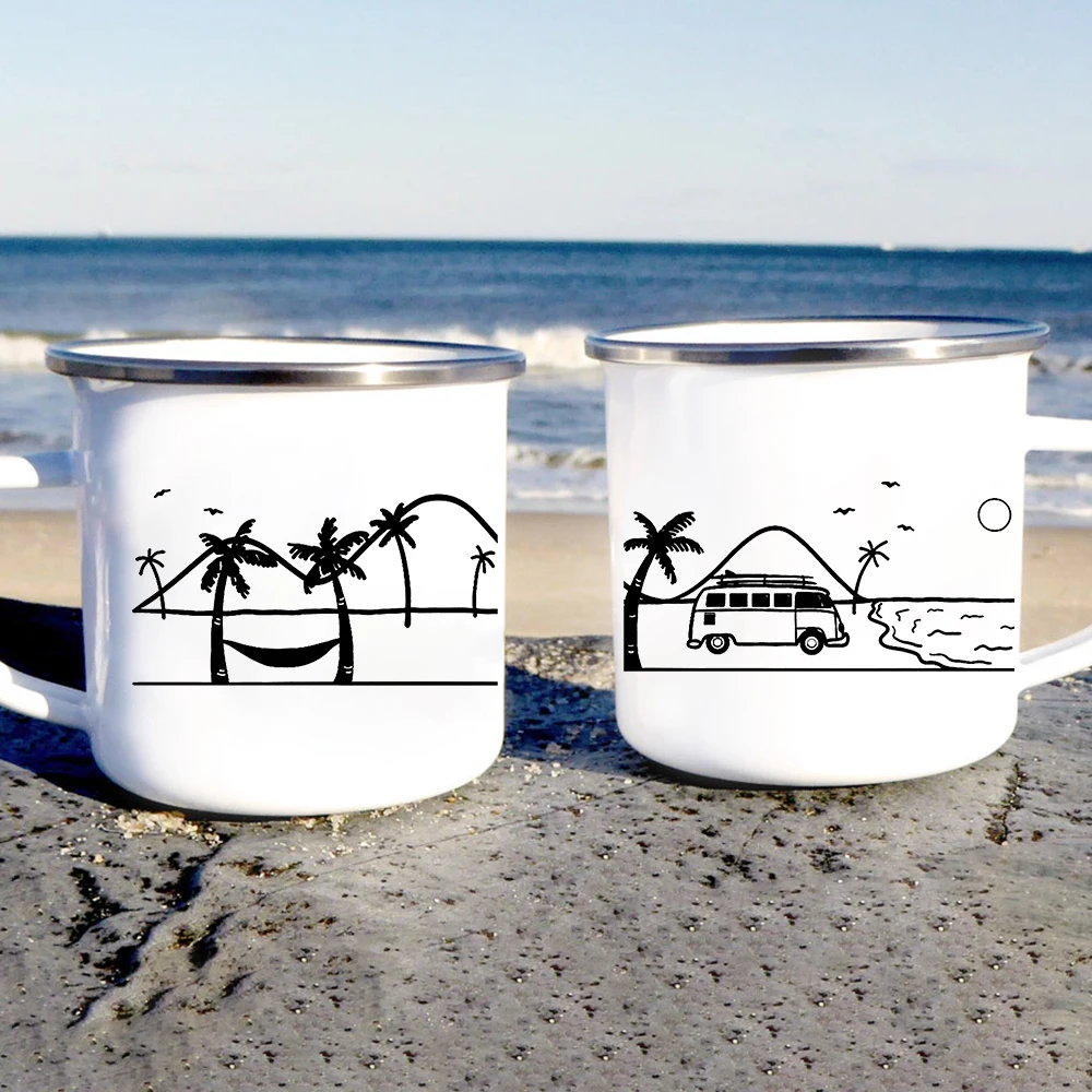 Personalizzato Surfer Beach Camper Mug subacquei subacquei tazze Hawaii Beach Campfire smalto acqua tazze da caffè regalo di surf creativo