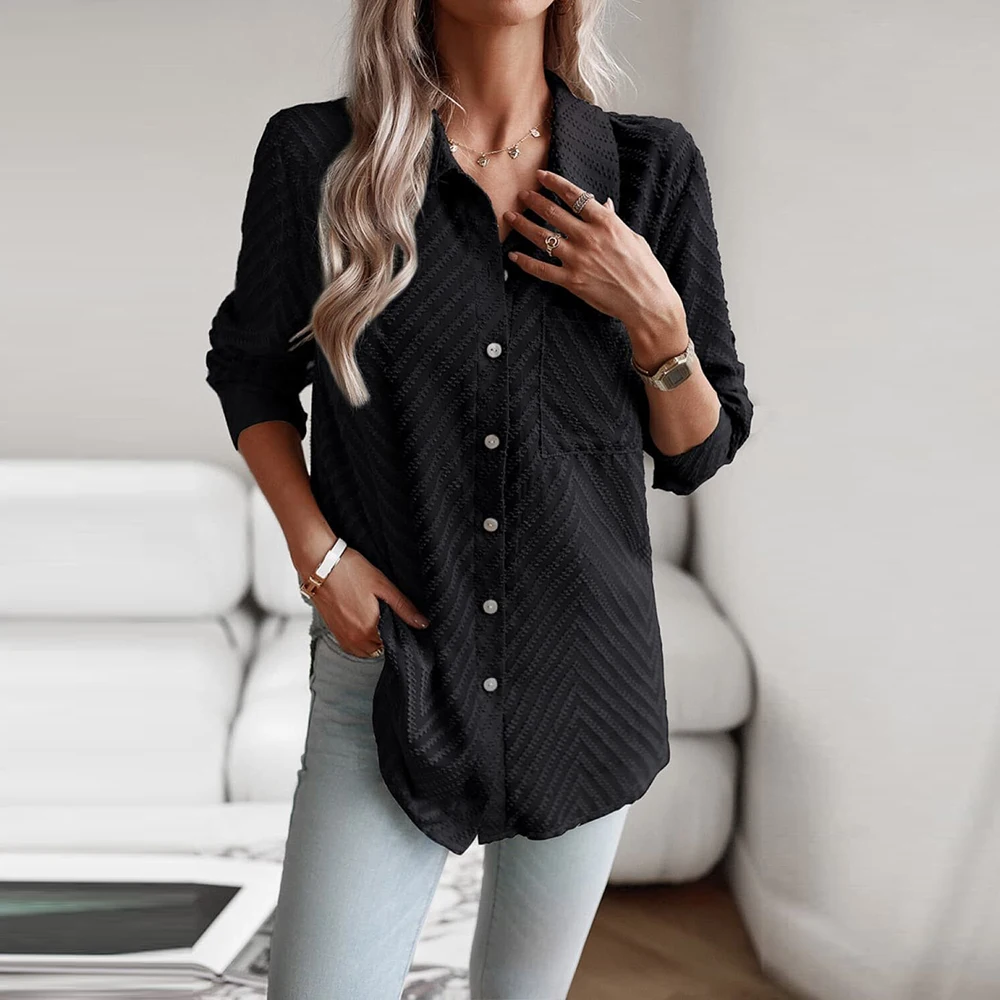Textured Lapel Plus Size Women Shirts Single Breasted Long Sleeve Loose Straight Spring Tops Shirts Female Office Ladies Blouses