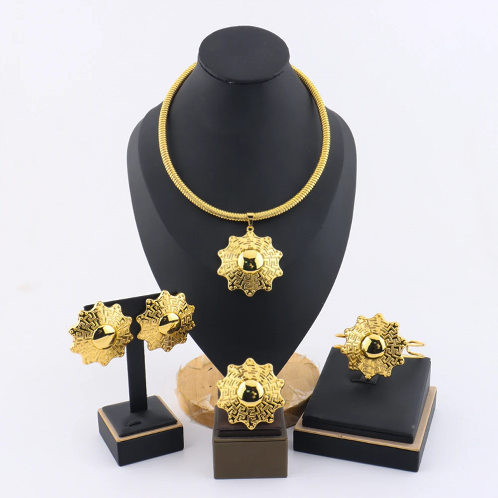 YM Sun Shape Jewelry Sets For Women Fashion Copper Earrings Bangle Necklace and Ring Accessories Gift For Dubai Party Wedding