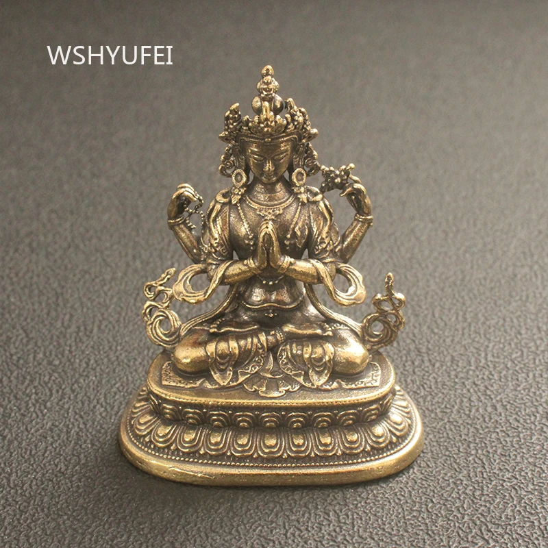 Pure Brass Four Arm Guanyin Ornament Decorative Desktop Crafts of Bodhisattva Buddha Statues Bronze Ware in The Buddhist Temple