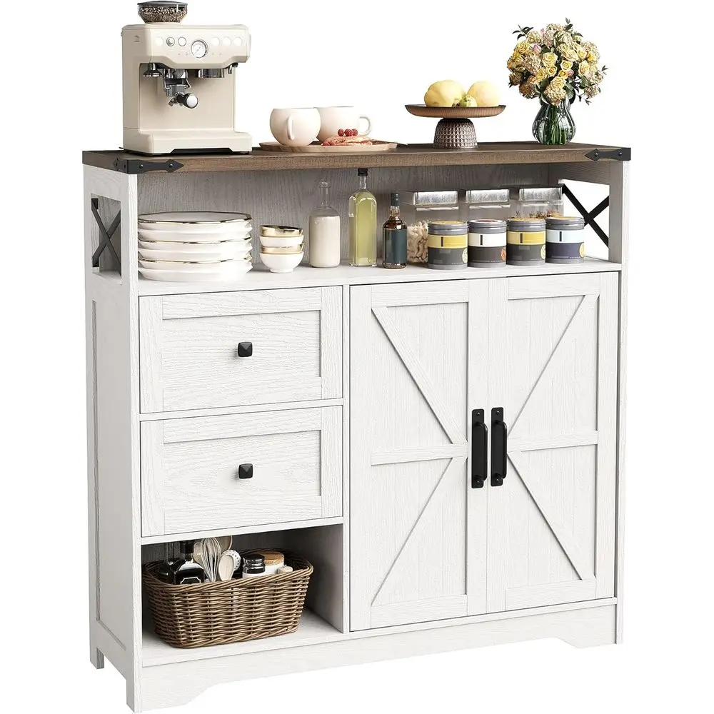 

White Sideboard Cabinet with Drawers and Open Shelves, 38.5 Storage Unit for Kitchen, Pantry, Living Room, or Entryway