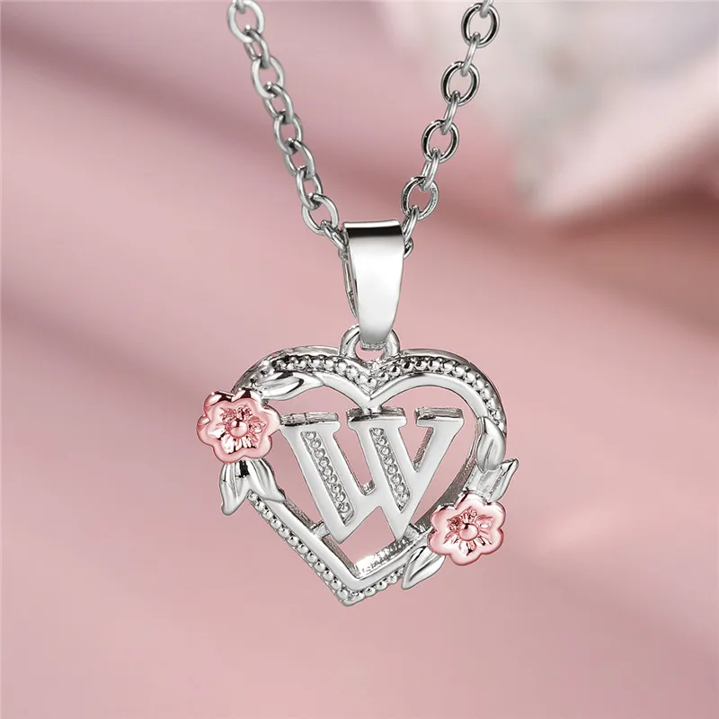 Cute Female A-Z Letter Flower Pendant Necklace Silver Color Wedding Jewelry Gift For Women