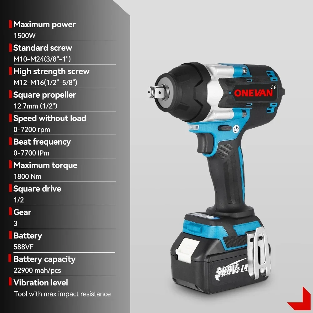 ONEVAN 1800N.M Torque Brushless Electric Impact Wrench Cordless Screwdrive Power Tool Lithium-Ion Battery For Makita 18V Battery