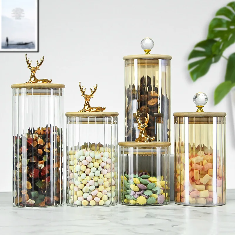 Nordic Transparent Glass Jar High Borosilicate Glass Grain Storage Jar Golden Deer Head Bamboo Cover Dried Fruit Storage Jar