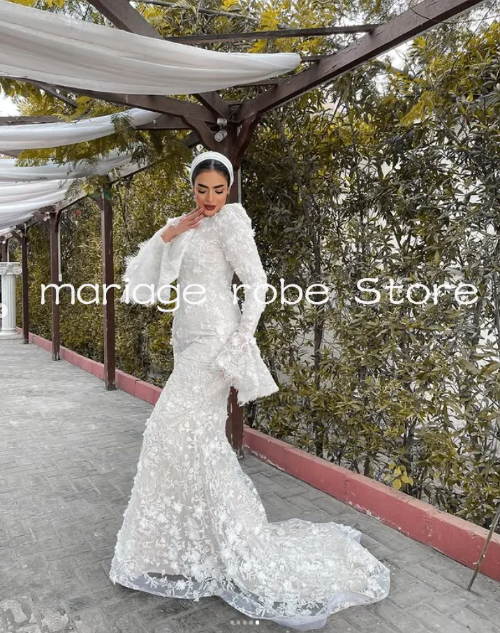 فساتين زفاف حورية البحر للحجاب الإسلامي برقبة عالية وأكمام طويلة مزينة بالزهور فستان زفاف للحديقة مخصص فيستدو دي نوفيا