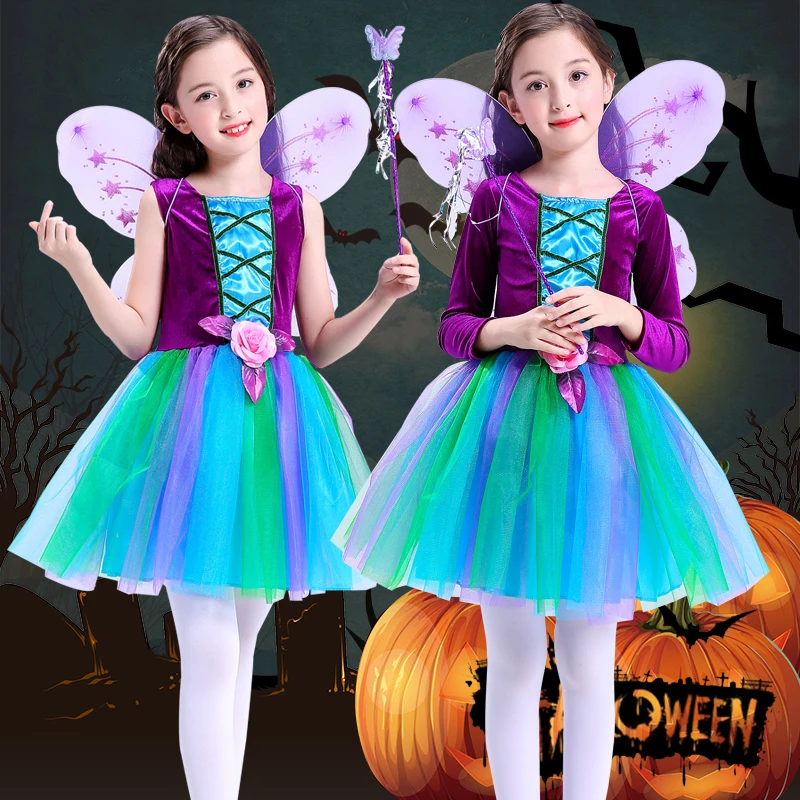 Halloween children's costumes, girl princess dresses, witch cosplay costumes, witch makeup, dance performance costumes