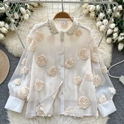 Basics Long Sleeves Vintage Polo-neck Necktie Single Breasted Loose Rhinestone Top French Streetwear High Street Autumn Blouse