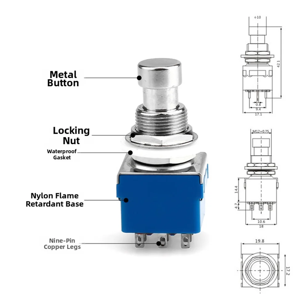 Guitar Effect Pedal 3PDT Pushbutton Pedal Footswitch 9 Pin ON-ON Self-locking Latching Stomp Push Button