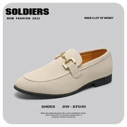 Fashion Brand Men Suede Leather Shoes Black Beige Horsebit Loafers Slip on Formal Mens Dress Shoes Wedding Office Casual Shoes