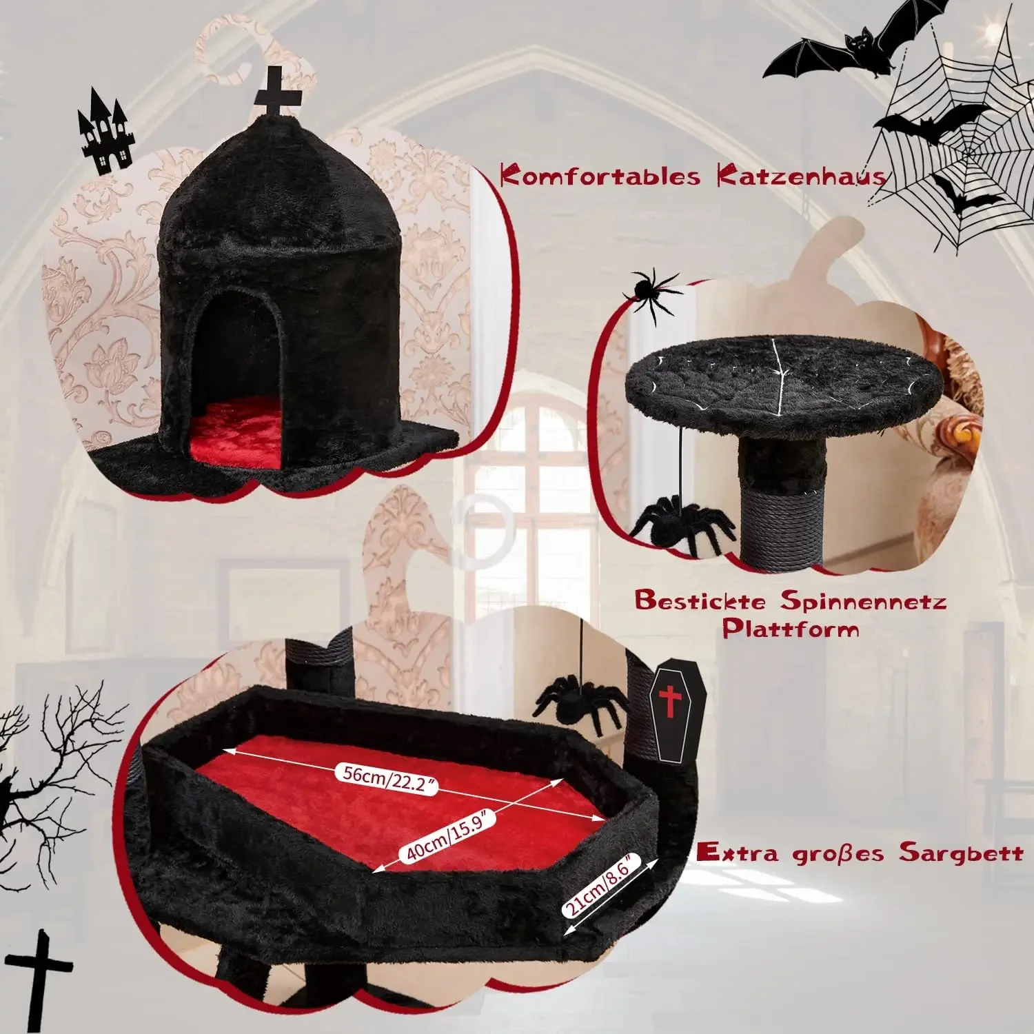 Gothic Cat Tree with Coffin Bed Cat Tower with Spacious Cat Condo Scratching Posts Spider Hanging Ball Multi Level