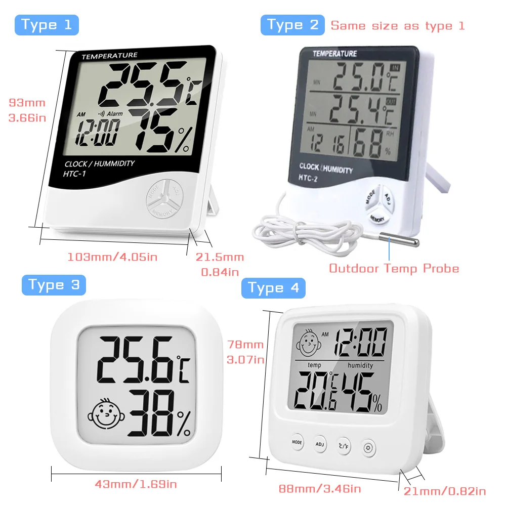 LCD Electronic Digital Temperature Humidity Meter Indoor Outdoor Thermometer Hygrometer Weather Station Clock HTC-1 HTC-2