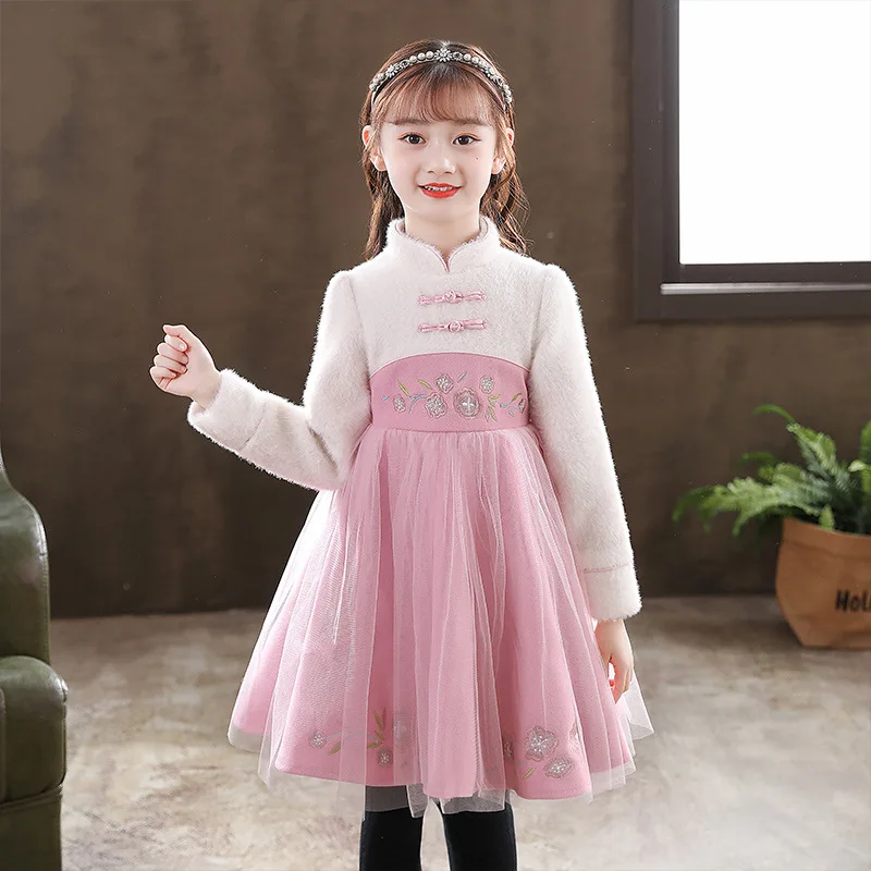 Vestidos de baile de estilo chino para niños, vestidos para niñas de otoño e invierno, vestidos Tang con hebilla de disco, vestido de princesa de malla esponjosa