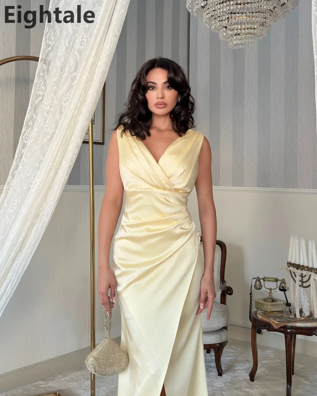فستان Eightale 2024 من الساتان الأصفر حورية البحر للحفلات الراقصة ورقبة على شكل V مثير بفتحة فستان سهرة للنساء فستان رسمي للحفلات رداء De Soirée