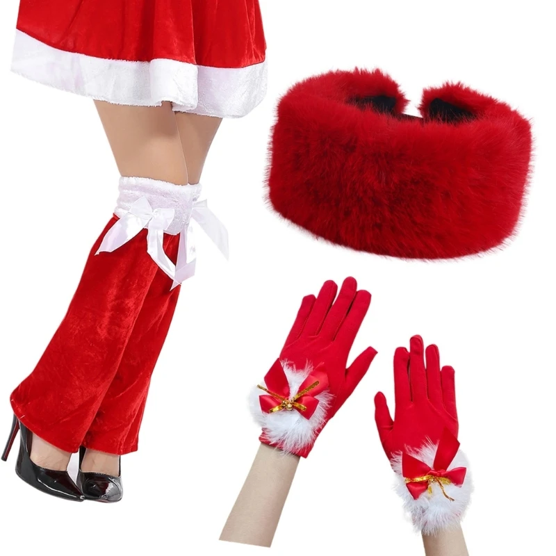 Festival Party Gloves Red Leg Warmers Hat Adult Female Christmas Santa Costume