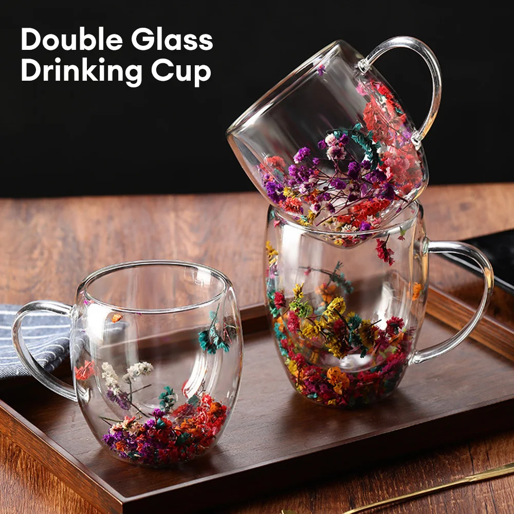 

Creative Double Wall Glass Cup Dried Flower Filler Glass Cups Tea Coffee Cups Gifts High Borosilicate Glass Cups with Handles