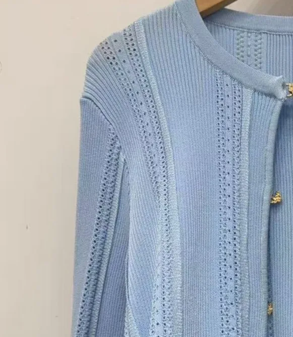 

Spring/Summer Women O-Neck Long Sleeve Hollow Solid Knit Set Single Breasted Knitwear Cardigan + Slim Elegant Fashion Strap Top