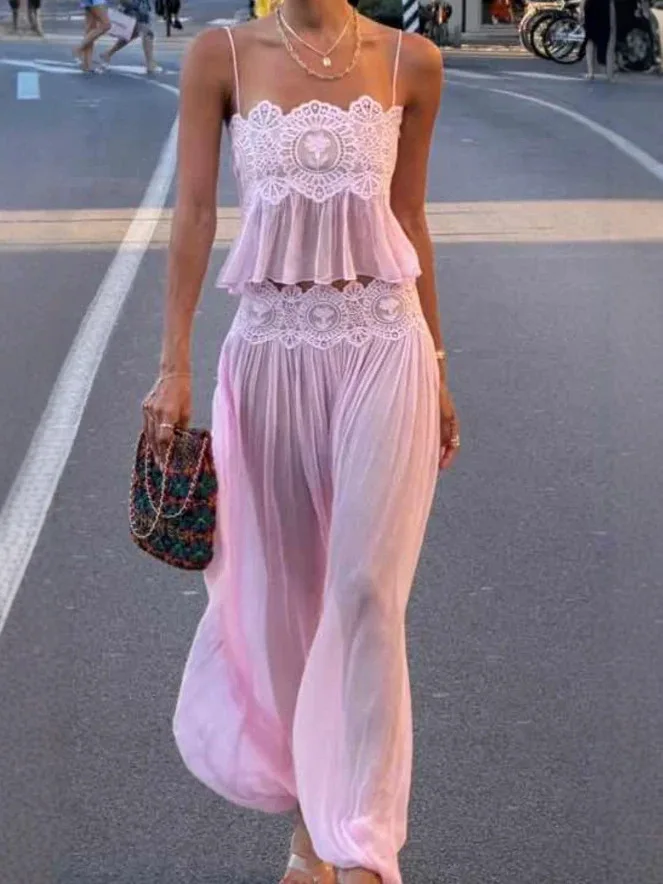 Sexy Solid Lace Vest Trouser Suits Women Sling Patchwork Lace-Up Top Wide Leg Pants Set Female 2026 Summer Chic Female Outfits
