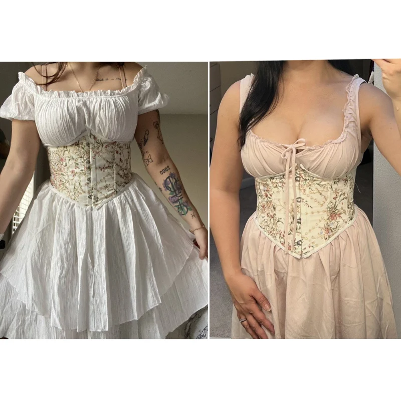 Mode XS Blume Gedruckt Korsett Mit Muster Schwarz Kurze Taille Korsett Für Frauen Body Shaper Bauch Unterbrust Korset Outfit Kleid