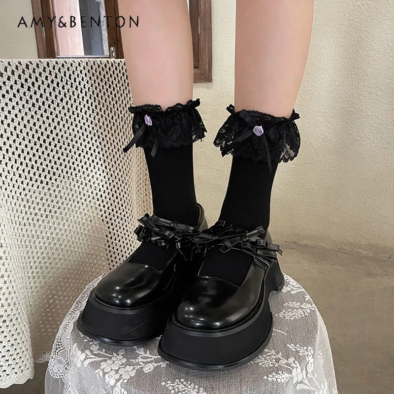 

Japanese Summer New Romantic Sweet Lace Black Socks Rose Bow Lolita Soft Girl White Socks Student Cute JK Bunching Socks Female