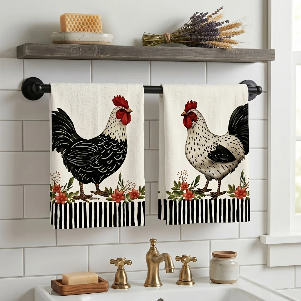 2 packs of rural rooster kitchen bowl towels, super water-absorbing microfiber tea towels, farm style tea towels