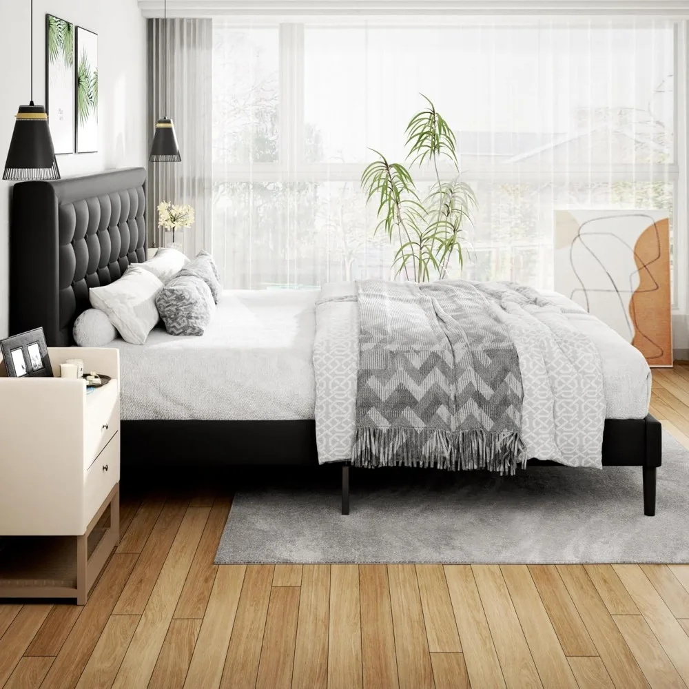 King Size Bed Frame with Velvet Upholstered Headboard, Button Tufted Design, Wood Slats Support, Bed Frame image 6