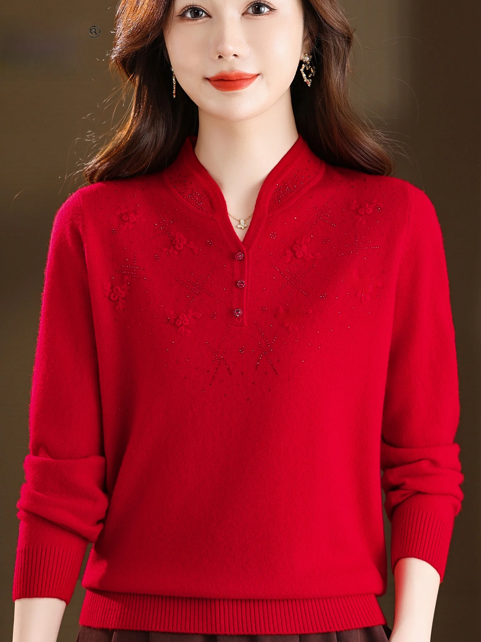 

Шерстяной свитер с вышивкой Ele, женский трикотаж среднего возраста с воротником-стойкой для мамы, цветочный принт, осень-зима, новинка C...