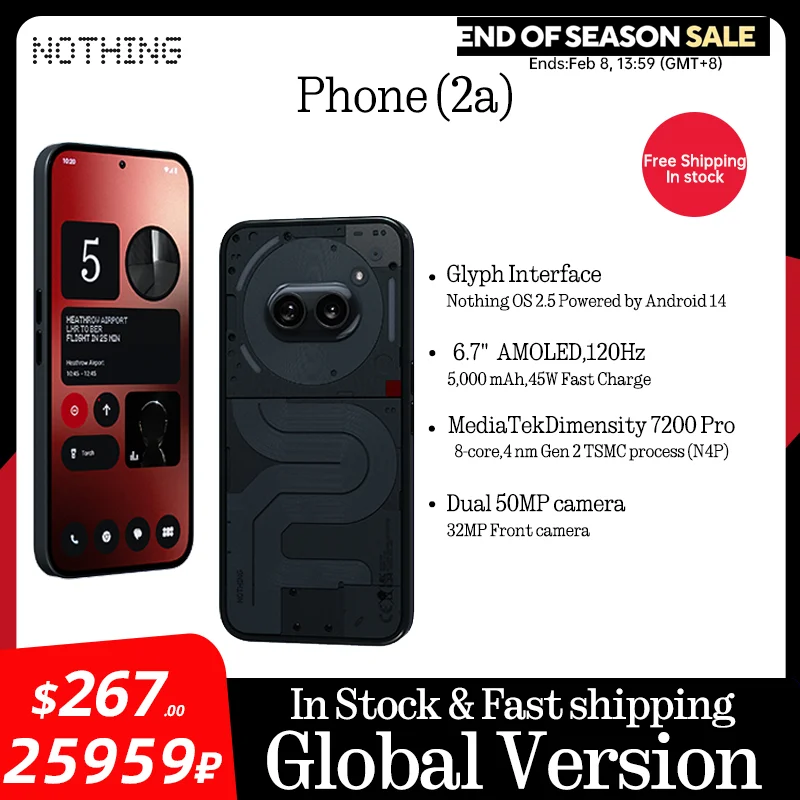 Global Version Nothing Phone(2a) 6.7” AMOLED display 120Hz Mediatek Dimensity 7200 Pro Dual 50MP 5,000 mAh 45W IP54 Phone 2a