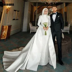 Customized Muslim 2024 Design Ivory High Collar Mermaid Wedding Dresses Applique Pearls Brush Train Bride Gown robe de mariée