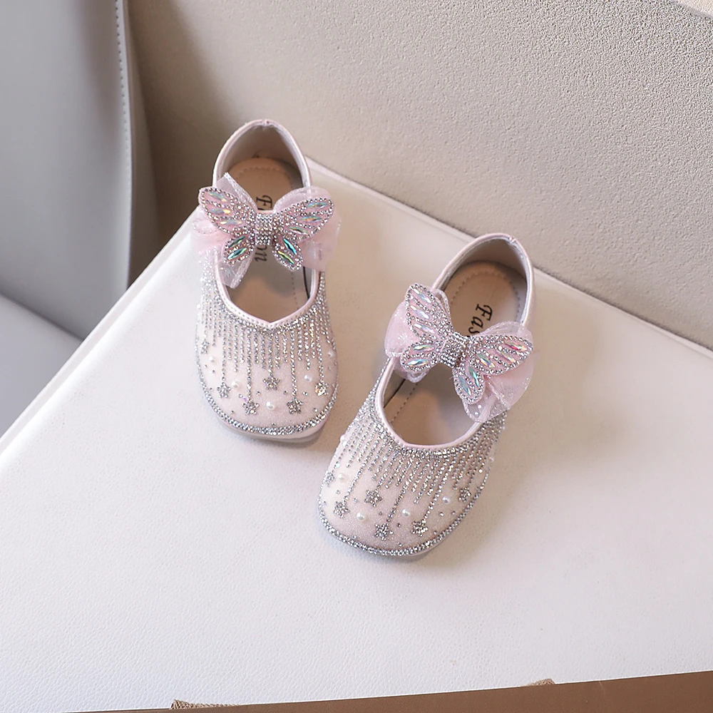 Calçado infantil de cristal de strass, sapatos de princesa para meninas, sola macia, couro PU, apartamentos escolares, crianças, novos, tamanho 23-34