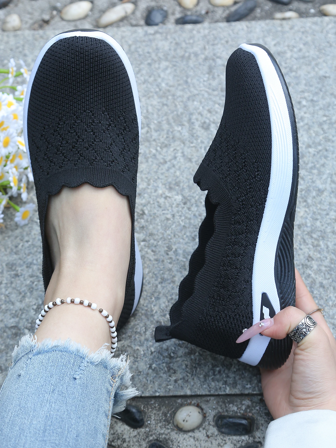 Damen-Slip-On-Freizeitsneaker aus Strick, atmungsaktive, leichte Komfort-Wanderschuhe mit Muschelbesatz, kostenloser Versand – Detail 10