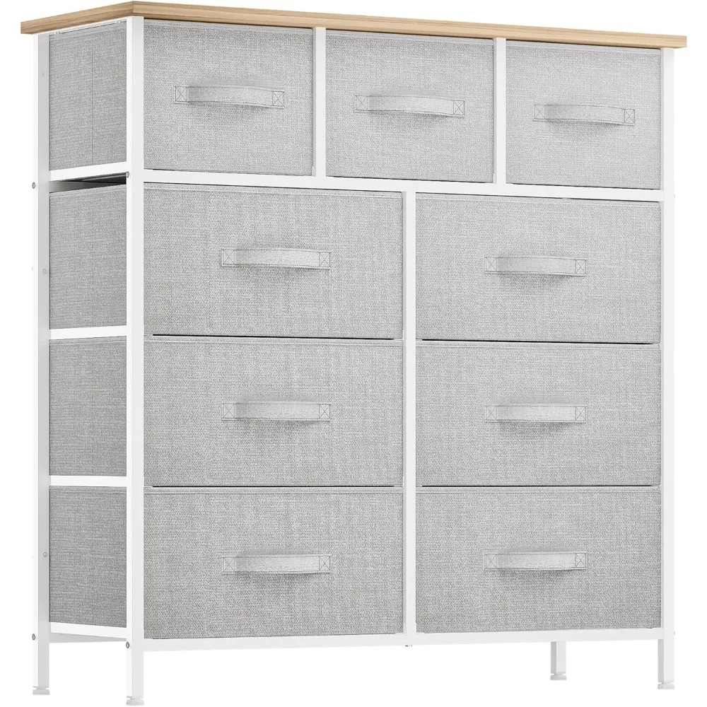 9-drawer dressing table - fabric storage tower, sturdy steel frame, wooden top, easy-to-pull fabric box (light grey)