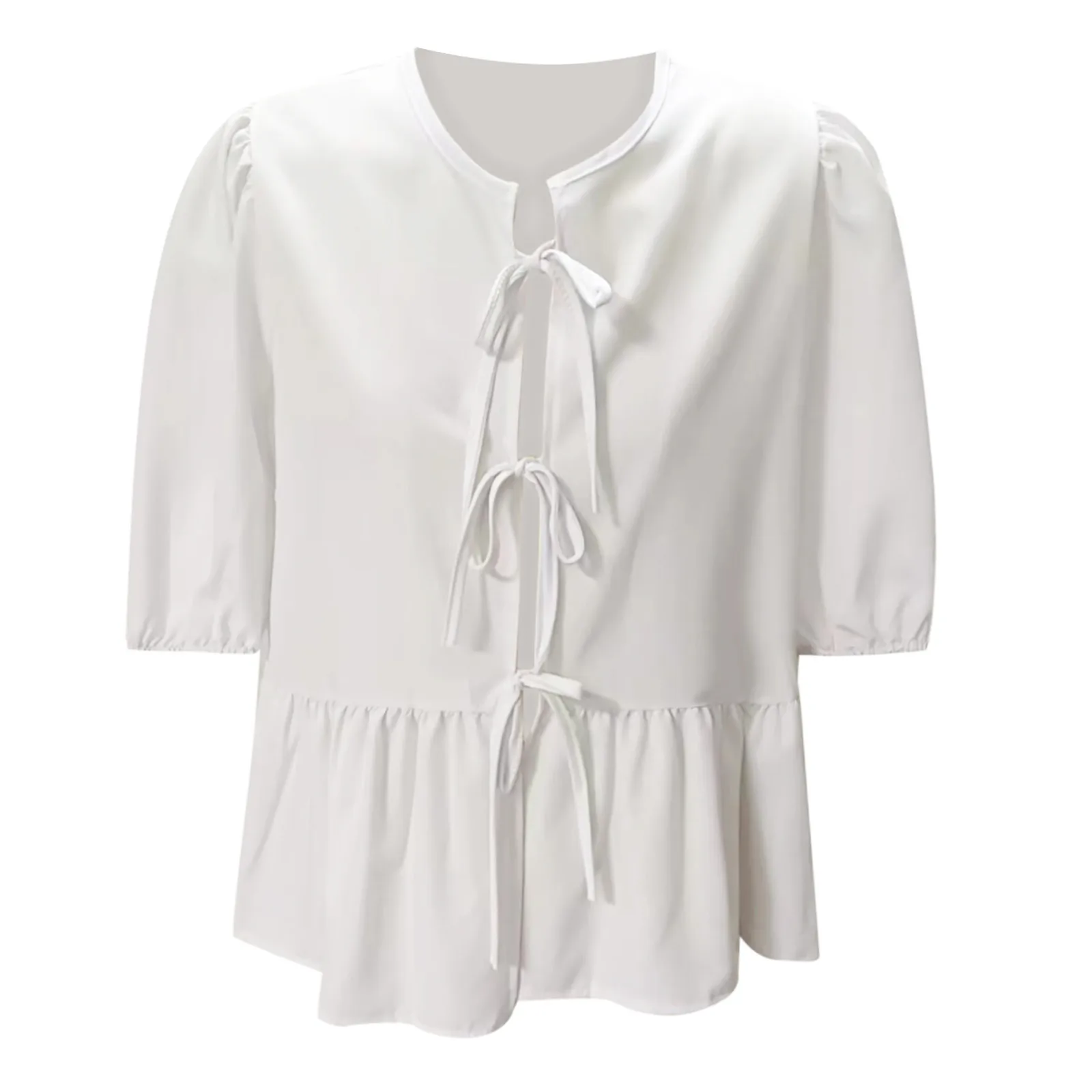 White Women Ruffle Hem Shirts Top Puff Sleeve Lace Up Shirts Blouse Tops Teen Girls Cute Summer Tops New Elegant Shirt Women