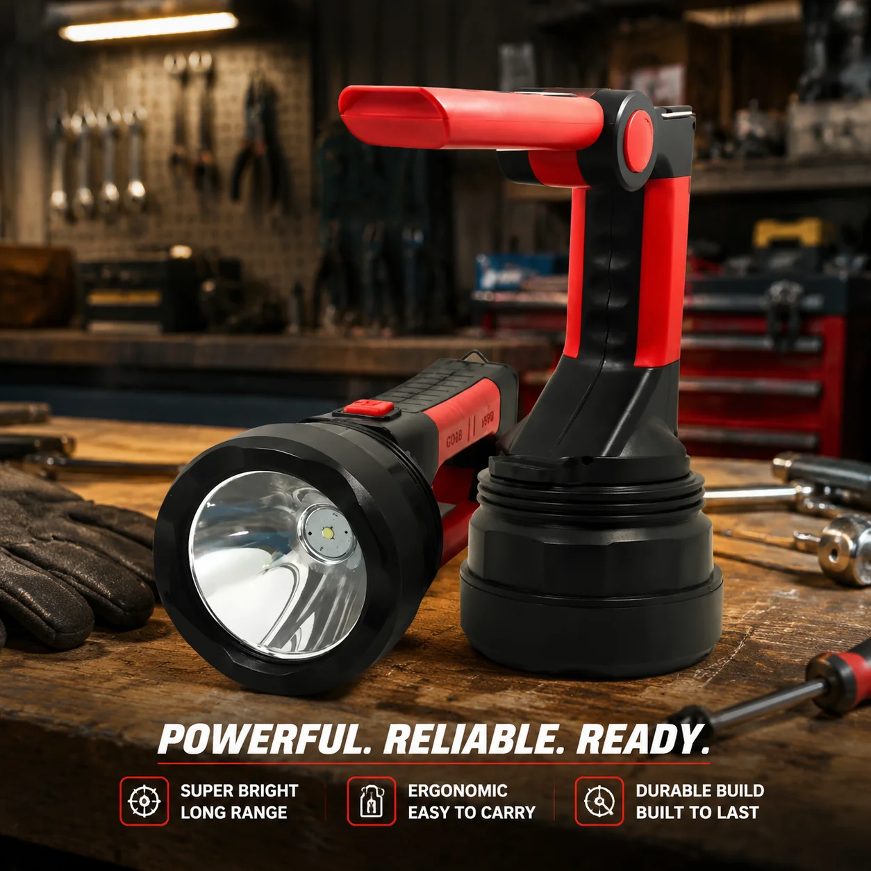 

Multi functional flashlight with multiple lighting modes, work light, hanging camping light (sold without battery)