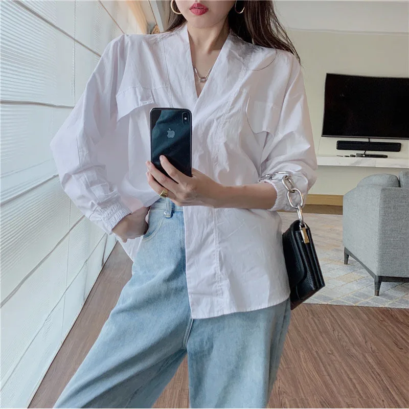 Women White Big Size Shaped Blouse New V-collar Long Sleeve Loose Fit Shirt Fashion Tide Spring Autumn 2024