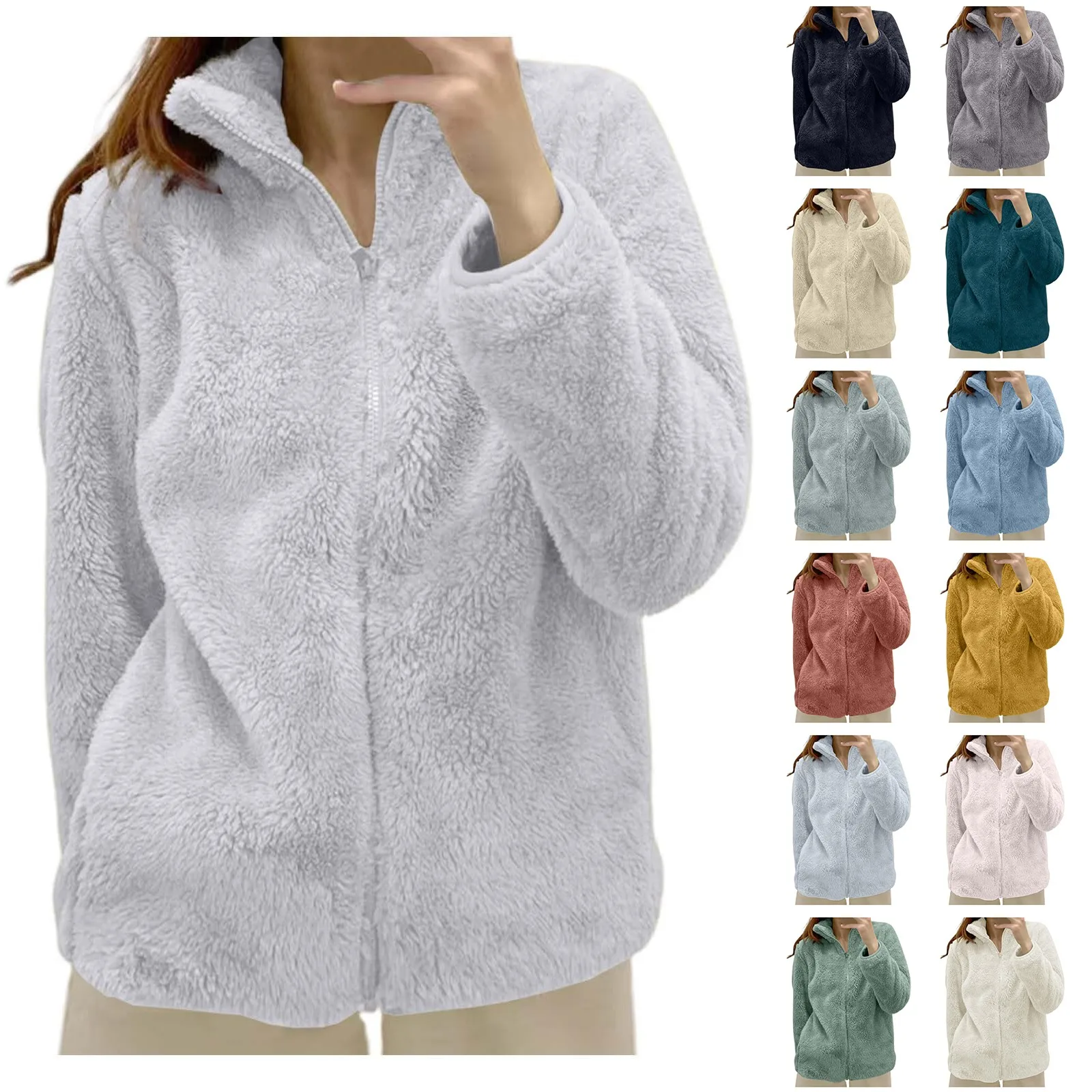 

Женская однотонная флисовая утепленная удобная куртка на молнии, осенне-зимний модный повседневный универсальный кардиган