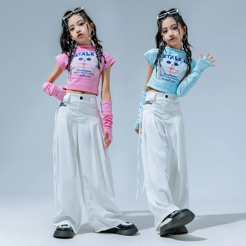 

Kid Cute Hip Hop Clothing Crop Top T Shirt Arm Sleeves White Red Casual Wide Pleated Pants for Girl Jazz Dance Costume Clothes