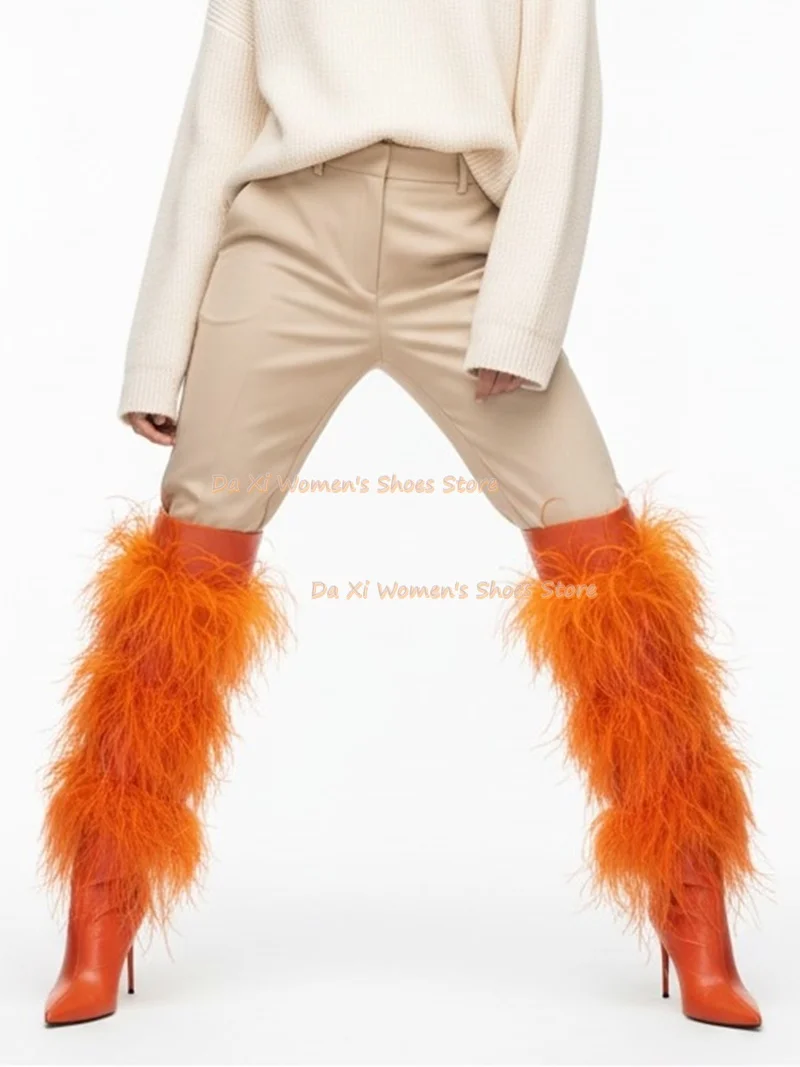 Orange  Feather Knee High Boots Pointed Toe Thin High Heels Patent Leather Long Boots Party Stage Show Nightclub Fashion  Shoes