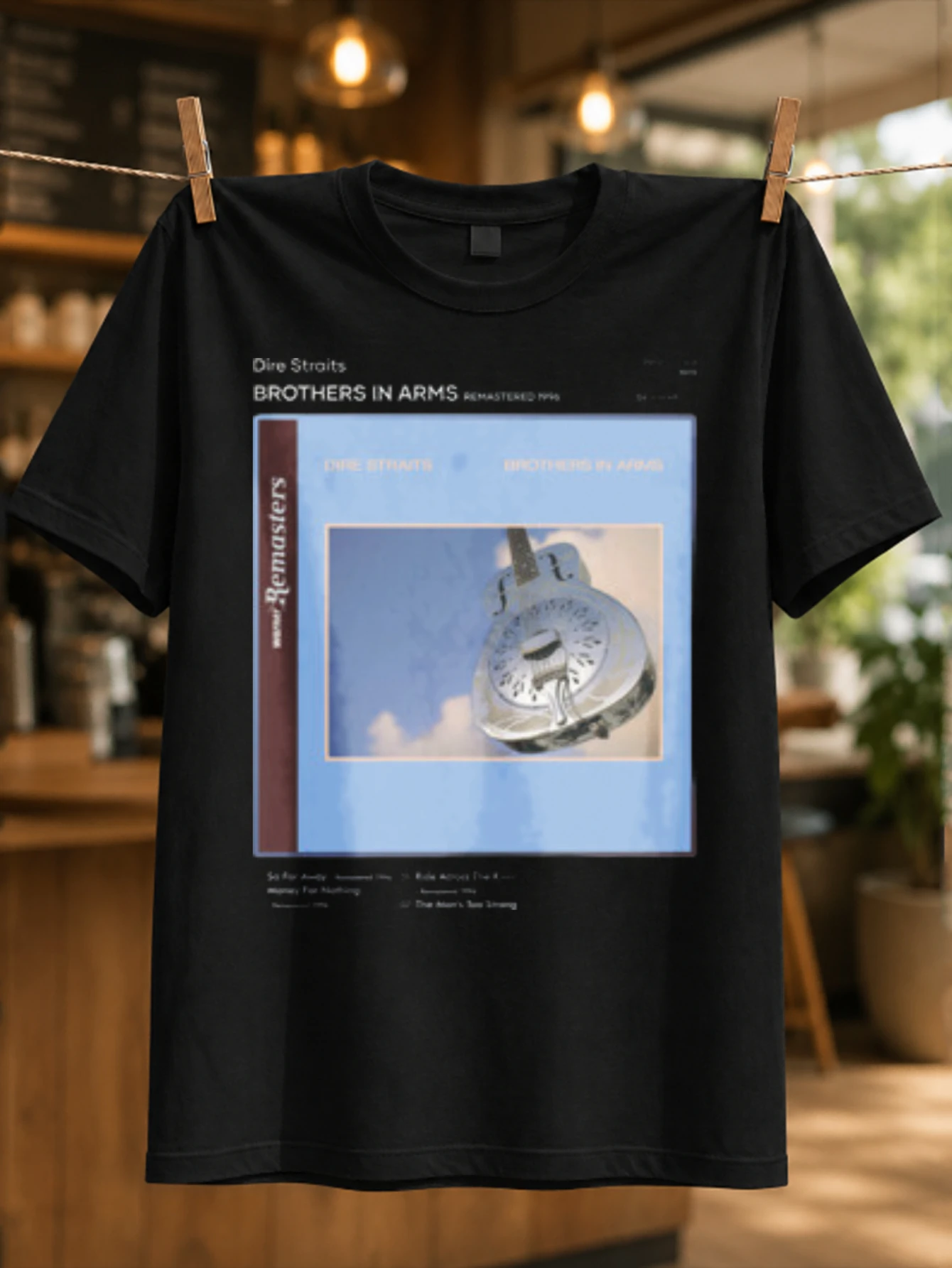 Dire Straits Brothers In Arms remastered album art silver guitar over sky frame soft blue album  Unisex All T-Shirt