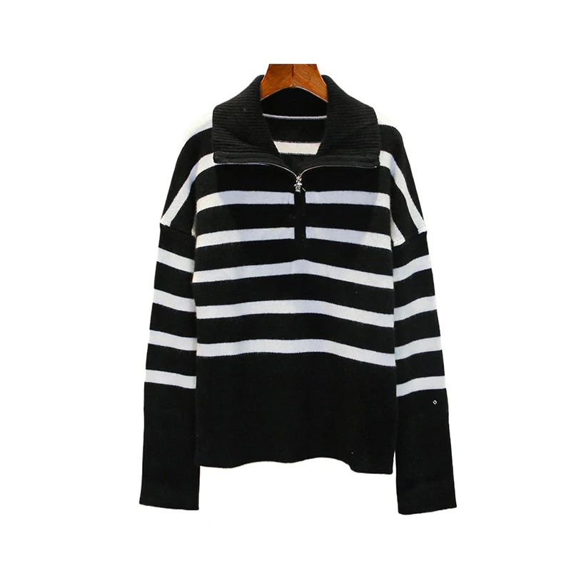 New women's fashion loose black and white striped half zip lapel pullover sweater