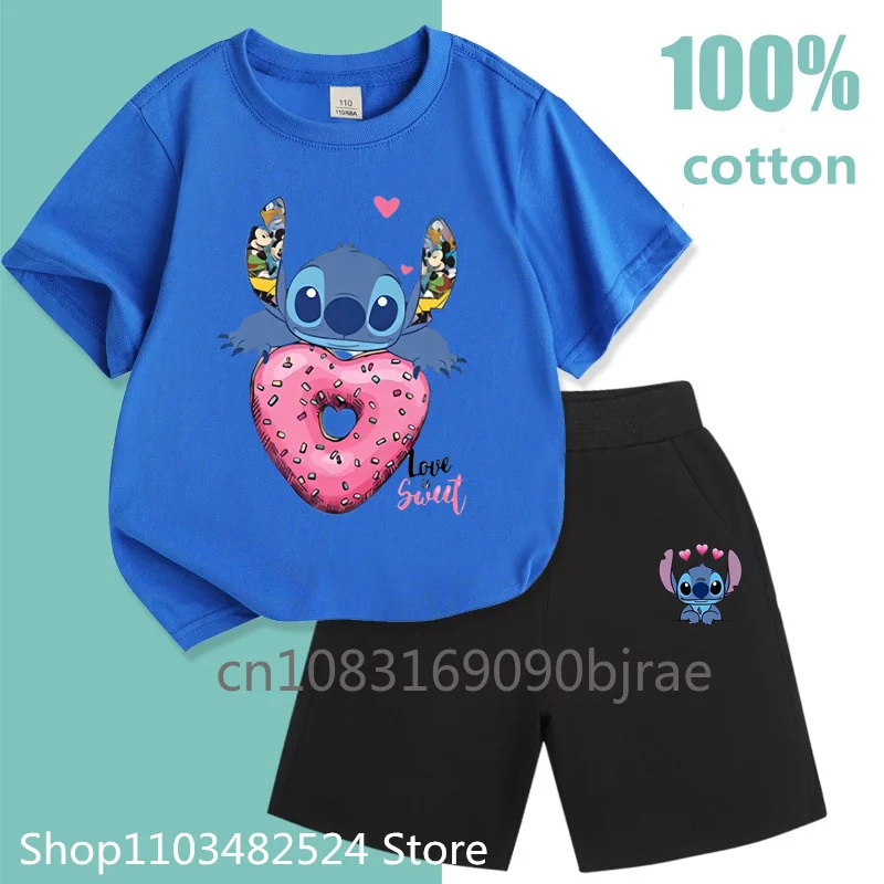 Summer Fashion Kids Funny Disney Stitch Pattern Printing 100% Cotton T-shirt Sets Boys Casual Short Sleeve Round Neck Girls Sets