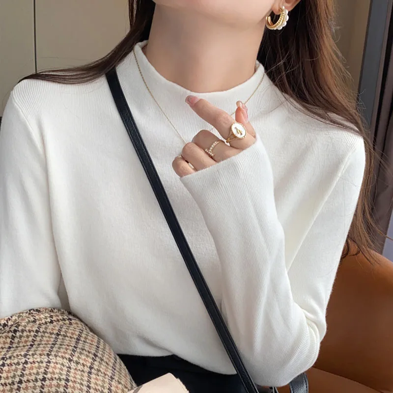 

Knitted Sweater Women Pullovers New Long Sleeve Mock Neck White Knit Sweater Pullover Women Tops Sweaters Sueters De Mujer Q997