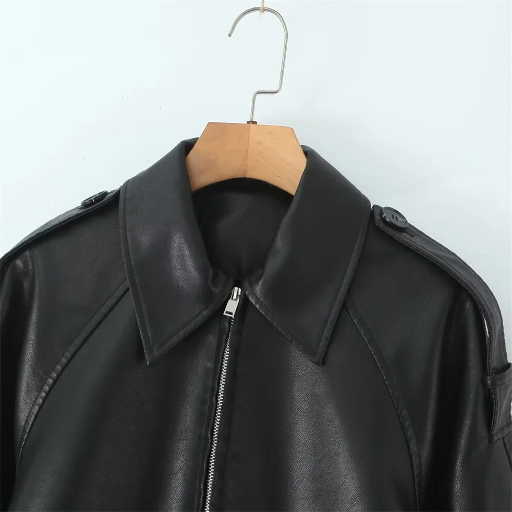가을 겨울 신상 여성 의류 루즈핏 캐주얼 스타일 라펠 긴팔 인조가죽 파일럿 재킷
