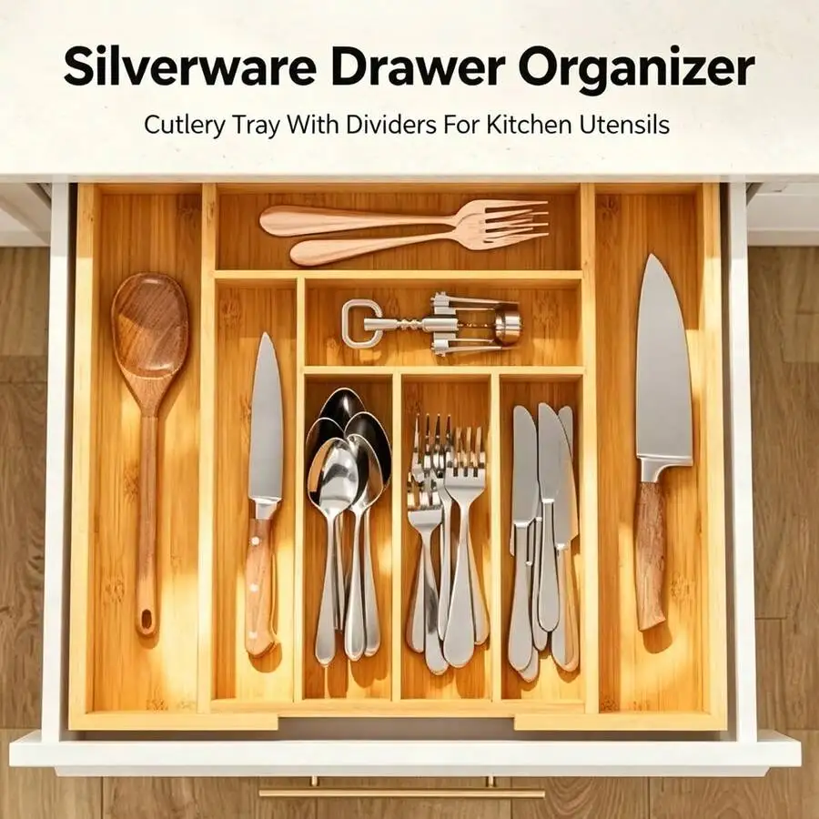 Bamboo Drawer Organizer, Expandable C, Cutlery Tray With Dividers For Kitchen Utensils