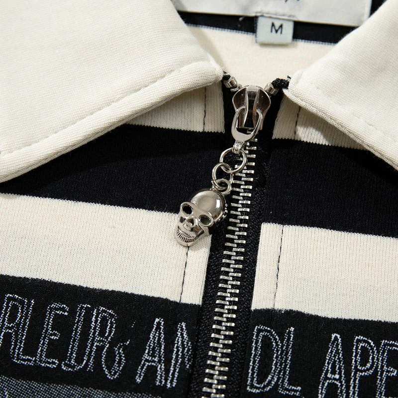 Herren Schwarz-Weiß Gestreiftes Poloshirt Halber Reißverschluss Strass-Totenkopf-Grafik Kurzarm Polo T-Shirt Y2K Streetwear Freizeitkleidung – Detail 7