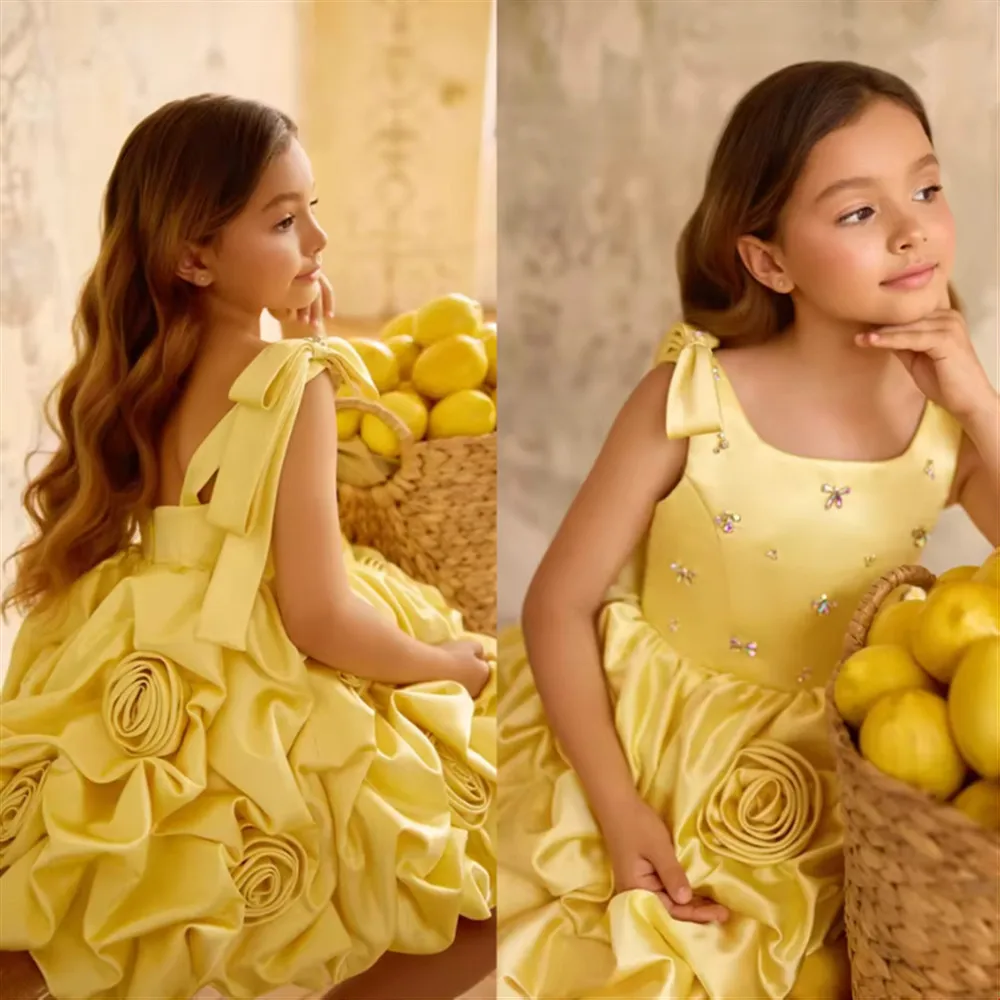 

Elegant Flower Girl Dress Satin Beaded Sleeveless with Bow Princess Kids Birthday Party Pageant Communion Formal Gown Customized